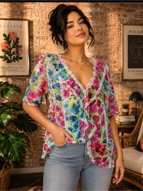 Ny collection Colorful Floral Lace Trimmed Short Sleeved Blouse